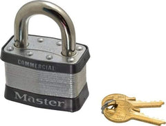 Master Lock - 1" Shackle Clearance, Keyed Different Padlock - 15/16" Shackle Width, 3/8" Shackle Diam, Laminated Steel - USA Tool & Supply