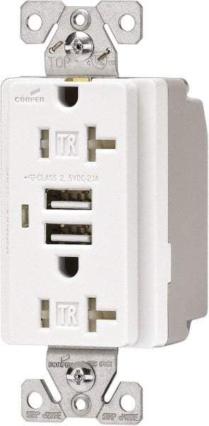 Cooper Wiring Devices - 2 USB Port, 2 Receptacle, 125 VAC, 5 VDC USB Receptacle - 5-15R NEMA Configuration, 20 Amp, Black, 2.1 Amp Charging Power, Automatic Grounding, Screw Mount - USA Tool & Supply