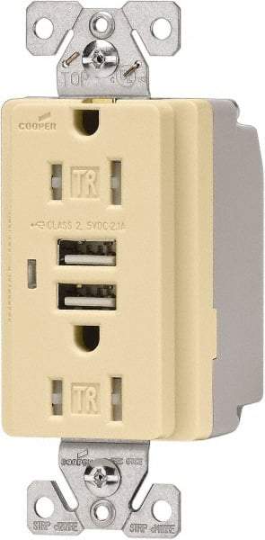 Cooper Wiring Devices - 2 USB Port, 2 Receptacle, 125 VAC, 5 VDC USB Receptacle - 5-15R NEMA Configuration, 15 Amp, Ivory, 2.1 Amp Charging Power, Automatic Grounding, Screw Mount - USA Tool & Supply