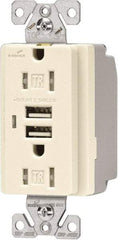 Cooper Wiring Devices - 2 USB Port, 2 Receptacle, 125 VAC, 5 VDC USB Receptacle - 5-15R NEMA Configuration, 15 Amp, Light Almond, 2.1 Amp Charging Power, Automatic Grounding, Screw Mount - USA Tool & Supply