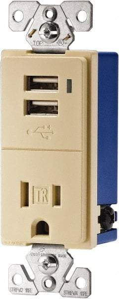 Cooper Wiring Devices - 2 USB Port, 1 Receptacle, 125 VAC, 5 VDC USB Receptacle - 5-15R NEMA Configuration, 15 Amp, Ivory, Screw Mount - USA Tool & Supply