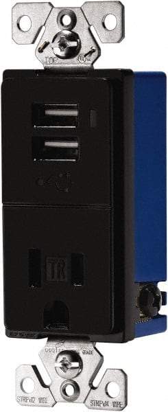 Cooper Wiring Devices - 2 USB Port, 1 Receptacle, 125 VAC, 5 VDC USB Receptacle - 5-15R NEMA Configuration, 15 Amp, Black, Screw Mount - USA Tool & Supply