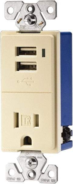 Cooper Wiring Devices - 2 USB Port, 1 Receptacle, 125 VAC, 5 VDC USB Receptacle - 5-15R NEMA Configuration, 15 Amp, Almond, Screw Mount - USA Tool & Supply