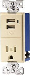 Cooper Wiring Devices - 2 USB Port, 1 Receptacle, 125 VAC, 5 VDC USB Receptacle - 5-15R NEMA Configuration, 15 Amp, Almond, Screw Mount - USA Tool & Supply