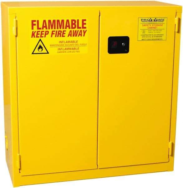 PRO-SAFE - 2 Door, 1 Shelf, Yellow Steel Standard Safety Cabinet for Flammable and Combustible Liquids - 44" High x 43" Wide x 18" Deep, Self Closing Door, 3 Point Key Lock, 30 Gal Capacity - USA Tool & Supply