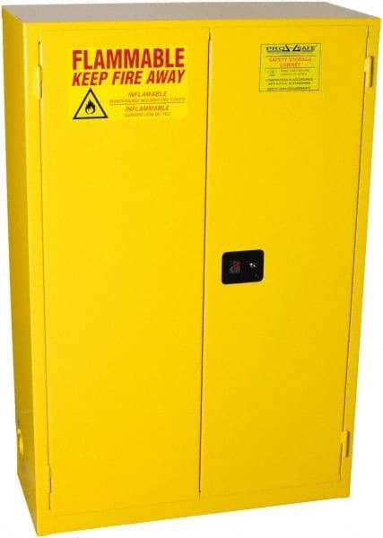 PRO-SAFE - 2 Door, 2 Shelf, Yellow Steel Standard Safety Cabinet for Flammable and Combustible Liquids - 65" High x 43" Wide x 18" Deep, Manual Closing Door, 3 Point Key Lock, 45 Gal Capacity - USA Tool & Supply