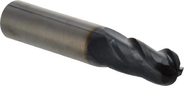 OSG - 29/64" Diam, 1" LOC, 4 Flute Solid Carbide Ball End Mill - TiAlN Finish, Single End, 3" OAL, 1/2" Shank Diam, Spiral Flute - USA Tool & Supply