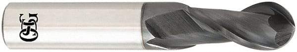 OSG - 10mm Diam, 25mm LOC, 2 Flute Solid Carbide Ball End Mill - TiAlN Finish, Single End, 70mm OAL, 10mm Shank Diam, Spiral Flute - USA Tool & Supply