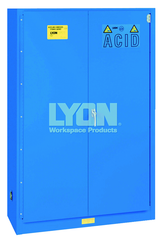 Acid Storage Cabinet - #5545 - 43 x 18 x 65" - 45 Gallon - w/2 shelves, three poly trays, bi-fold self-closing door - Blue Only - USA Tool & Supply