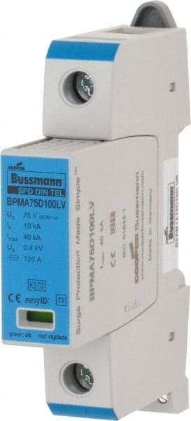 Cooper Bussmann - 1 Pole, 1 Phase, 10 kA Nominal Current, 90mm Long x 18mm Wide x 65mm Deep, Thermoplastic Hardwired Surge Protector - DIN Rail Mount, 100 VDC, 75 VAC, 100 VDC, 75 VAC Operating Voltage, 40 kA Surge Protection - USA Tool & Supply