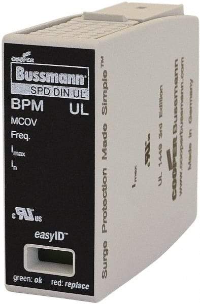 Cooper Bussmann - 1 Pole, 1 Phase, 20 kA Nominal Current, 90mm Long x 18mm Wide x 65mm Deep, Thermoplastic Hardwired Surge Protector - DIN Rail Mount, 125 kA Short Circuit Current, 347 VAC, 600 VAC Operating Voltage, 40 kA Surge Protection - USA Tool & Supply
