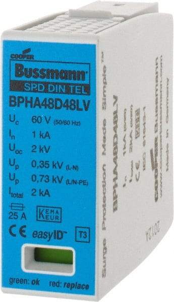 Cooper Bussmann - 2 Pole, 1 Phase, 1 kA Nominal Current, 90mm Long x 18mm Wide x 66mm Deep, Thermoplastic Hardwired Surge Protector - DIN Rail Mount, 48 VAC/VDC, 60 VAC/VDC Operating Voltage, 60 kA Surge Protection - USA Tool & Supply