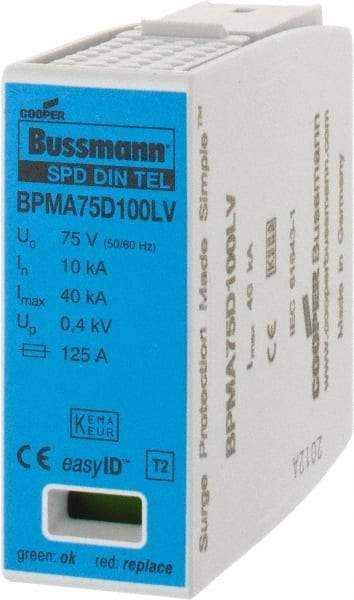 Cooper Bussmann - 1 Pole, 1 Phase, 10 kA Nominal Current, 90mm Long x 18mm Wide x 65mm Deep, Thermoplastic Hardwired Surge Protector - DIN Rail Mount, 100 VDC, 75 VAC, 100 VDC, 75 VAC Operating Voltage, 40 kA Surge Protection - USA Tool & Supply
