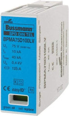 Cooper Bussmann - 1 Pole, 1 Phase, 10 kA Nominal Current, 90mm Long x 18mm Wide x 65mm Deep, Thermoplastic Hardwired Surge Protector - DIN Rail Mount, 100 VDC, 75 VAC, 100 VDC, 75 VAC Operating Voltage, 40 kA Surge Protection - USA Tool & Supply