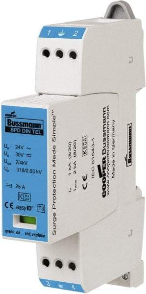 Cooper Bussmann - 2 Pole, 1 Phase, 1 kA Nominal Current, 90mm Long x 18mm Wide x 66mm Deep, Thermoplastic Hardwired Surge Protector - DIN Rail Mount, 48 VAC/VDC, 60 VAC/VDC Operating Voltage, 2 kA Surge Protection - USA Tool & Supply