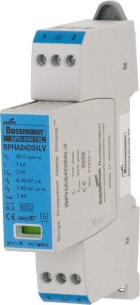 Cooper Bussmann - 2 Pole, 1 Phase, 1 kA Nominal Current, 90mm Long x 18mm Wide x 66mm Deep, Thermoplastic Hardwired Surge Protector - DIN Rail Mount, 24 VAC/VDC, 30 VAC/VDC Operating Voltage, 4 kA Surge Protection - USA Tool & Supply