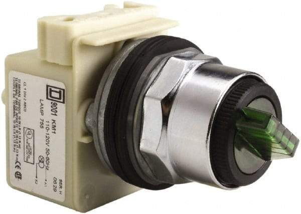 Square D - 30mm Mount Hole, 2 Position, Selector Switch Only - Green, Maintained (MA), Illuminated - USA Tool & Supply