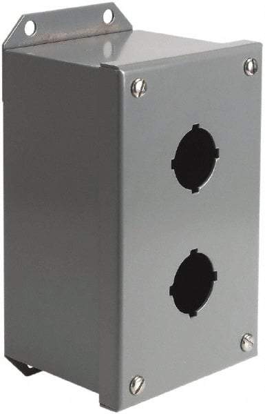 Square D - 2 Hole, 30mm Hole Diameter, Steel Pushbutton Switch Enclosure - 4-3/4 Inch High x 4.17 Inch Wide x 3.62 Inch Deep, 1, 3, 14 NEMA Rated - USA Tool & Supply