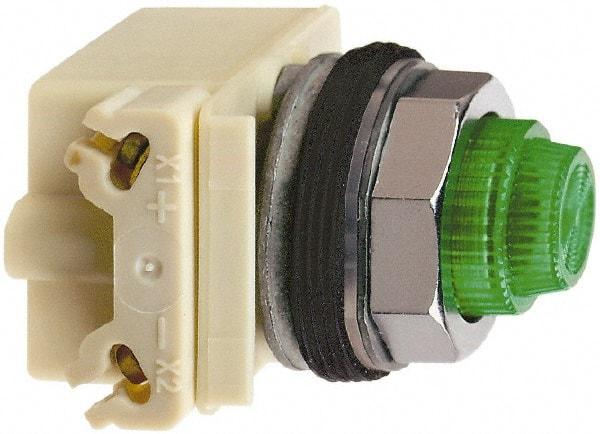 Square D - 120 V Green Lens LED Indicating Light - Round Lens, Screw Clamp Connector, 70mm OAL x 54mm Wide, Shock Resistant, Vibration Resistant - USA Tool & Supply