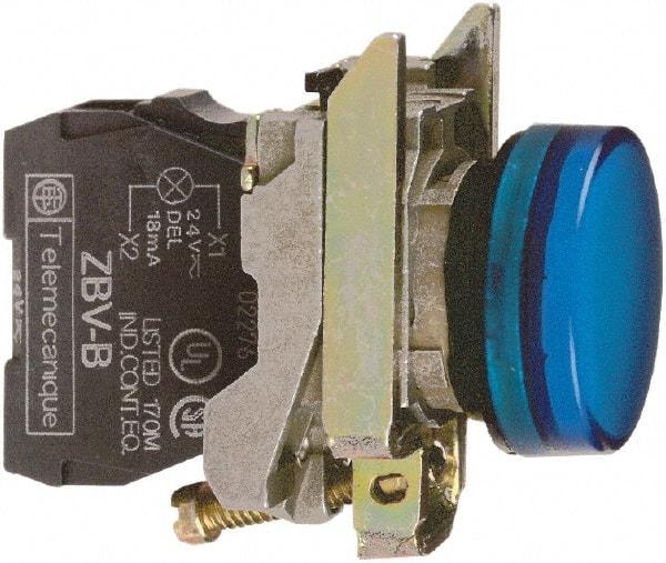 Square D - 110-120 VAC Blue Lens LED Indicating Light - Round Lens, Screw Clamp Connector, 46.5mm OAL x 30mm Wide, Shock Resistant, Vibration Resistant - USA Tool & Supply
