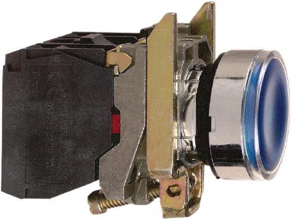 Square D - 0.87 Inch Mount Hole, Flush, Pushbutton Switch Only - Round, Blue Pushbutton, Illuminated, Momentary (MO), Shock and Vibration Resistant - USA Tool & Supply