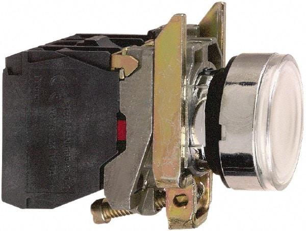 Square D - 0.87 Inch Mount Hole, Flush, Pushbutton Switch Only - Round, White Pushbutton, Illuminated, Momentary (MO), Shock and Vibration Resistant - USA Tool & Supply