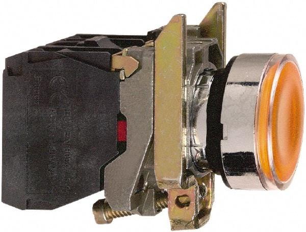 Schneider Electric - 22mm Mount Hole, Flush, Pushbutton Switch with Contact Block - Round, Orange Pushbutton, Illuminated, Momentary (MO) - USA Tool & Supply