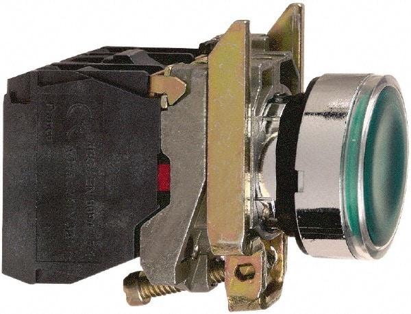 Schneider Electric - 22mm Mount Hole, Flush, Pushbutton Switch with Contact Block - Round, Green Pushbutton, Illuminated, Momentary (MO) - USA Tool & Supply