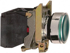 Schneider Electric - 22mm Mount Hole, Flush, Pushbutton Switch with Contact Block - Round, Green Pushbutton, Illuminated, Momentary (MO) - USA Tool & Supply