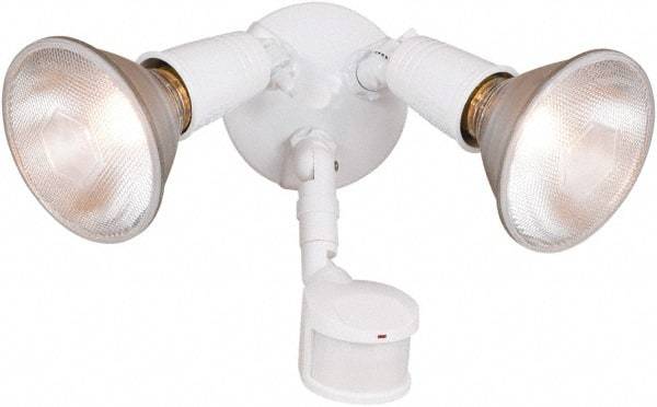 Cooper Lighting - 2 Head, 70 Ft. Detection, 180° Angle, PAR Lamp Motion Sensing Light Fixture - 120 Volt, 300 Watt, Metal White Housing, Wall, Eave Mounted - USA Tool & Supply