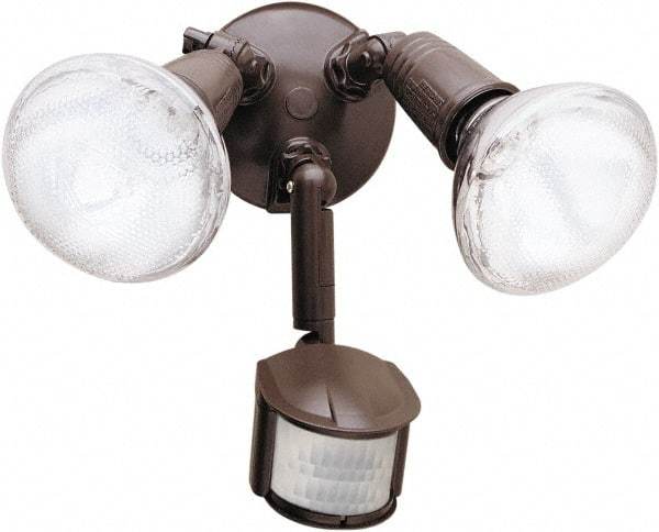 Cooper Lighting - 2 Head, 70 Ft. Detection, 180° Angle, PAR Lamp Motion Sensing Light Fixture - 120 Volt, 300 Watt, Metal Bronze Housing, Wall, Eave Mounted - USA Tool & Supply