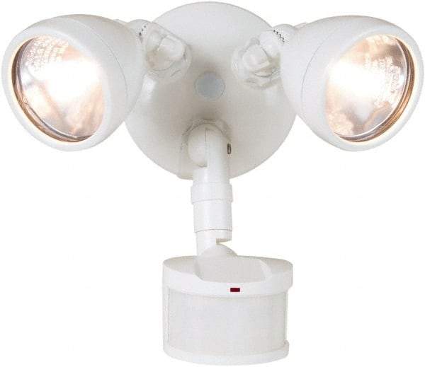 Cooper Lighting - 2 Head, 70 Ft. Detection, 270° Angle, Halogen Lamp Motion Sensing Light Fixture - 120 Volt, 200 Watt, Metal White Housing, Wall, Eave Mounted - USA Tool & Supply