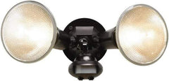 Cooper Lighting - 2 Head, 60 Ft. Detection, 110° Angle, PAR38 Lamp Motion Sensing Light Fixture - 120 Volt, 300 Watt, Plastic Black Housing, Wall, Eave Mounted - USA Tool & Supply