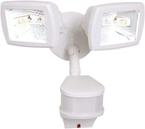 Cooper Lighting - 2 Head, 90 Ft. Detection, 270° Angle, Halogen Lamp Motion Sensing Light Fixture - 120 Volt, 200 Watt, Metal White Housing, Wall, Eave Mounted - USA Tool & Supply