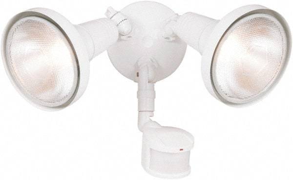 Cooper Lighting - 2 Head, 70 Ft. Detection, 180° Angle, PAR Lamp Motion Sensing Light Fixture - 120 Volt, 300 Watt, Metal White Housing, Wall, Eave Mounted - USA Tool & Supply