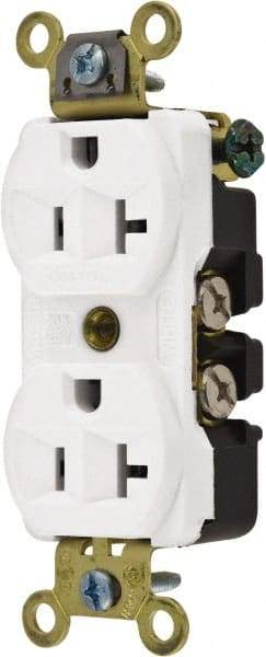 Hubbell Wiring Device-Kellems - 125 VAC, 20 Amp, 5-20R NEMA Configuration, White, Industrial Grade, Self Grounding Duplex Receptacle - 1 Phase, 2 Poles, 3 Wire, Flush Mount, Corrosion, Heat and Impact Resistant - USA Tool & Supply