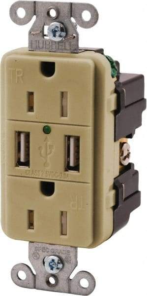 Hubbell Wiring Device-Kellems - 2 USB Port, 2 Receptacle, 125 VAC, 5 VDC USB Receptacle - 5-15R NEMA Configuration, 15 Amp, Ivory, 3.8 Amp Charging Power, Screw Mount - USA Tool & Supply