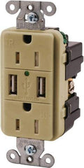 Hubbell Wiring Device-Kellems - 2 USB Port, 2 Receptacle, 125 VAC, 5 VDC USB Receptacle - 5-15R NEMA Configuration, 15 Amp, Ivory, 3.8 Amp Charging Power, Screw Mount - USA Tool & Supply