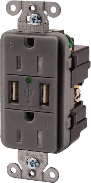 Hubbell Wiring Device-Kellems - 2 USB Port, 2 Receptacle, 125 VAC, 5 VDC USB Receptacle - 5-15R NEMA Configuration, 15 Amp, Gray, 3.8 Amp Charging Power, LED Indicator Light - USA Tool & Supply