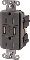 Hubbell Wiring Device-Kellems - 2 USB Port, 2 Receptacle, 125 VAC, 5 VDC USB Receptacle - 5-15R NEMA Configuration, 15 Amp, Gray, 3.8 Amp Charging Power, LED Indicator Light - USA Tool & Supply