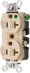 Hubbell Wiring Device-Kellems - 125 VAC, 20 Amp, 5-20R NEMA Configuration, Ivory, Hospital Grade, Self Grounding Duplex Receptacle - 1 Phase, 2 Poles, 3 Wire, Flush Mount, Chemical, Corrosion and Impact Resistant - USA Tool & Supply