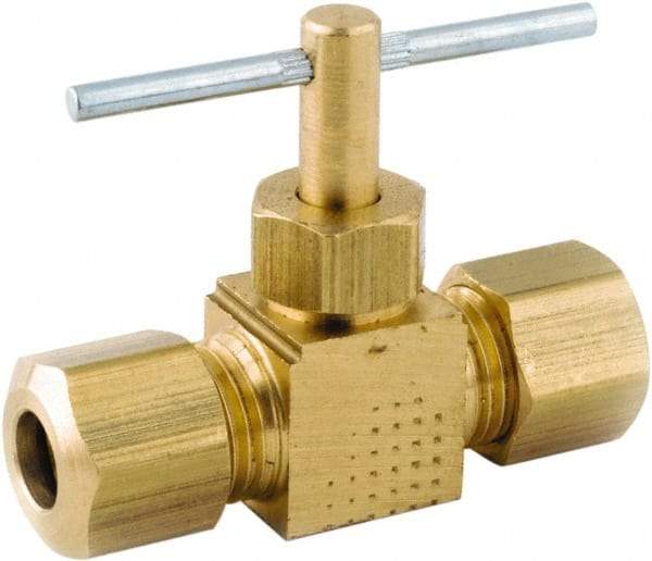 ANDERSON METALS - 1/4 x 1/4" Pipe, Inline Metal Seat Needle Valve - Brass Seal, Compression x Compression Ends, Lead Free Brass Valve, 150 Max psi - USA Tool & Supply