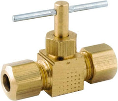 ANDERSON METALS - 1/4 x 1/4" Pipe, Inline Metal Seat Needle Valve - Brass Seal, Compression x Compression Ends, Lead Free Brass Valve, 150 Max psi - USA Tool & Supply