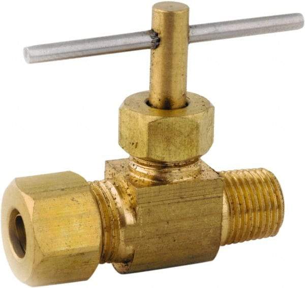 ANDERSON METALS - 1/4 x 1/4" Pipe, Inline Metal Seat Needle Valve - Brass Seal, Compression x MIP Ends, Lead Free Brass Valve, 150 Max psi - USA Tool & Supply