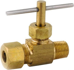 ANDERSON METALS - 1/4 x 1/4" Pipe, Inline Metal Seat Needle Valve - Brass Seal, Compression x MIP Ends, Lead Free Brass Valve, 150 Max psi - USA Tool & Supply