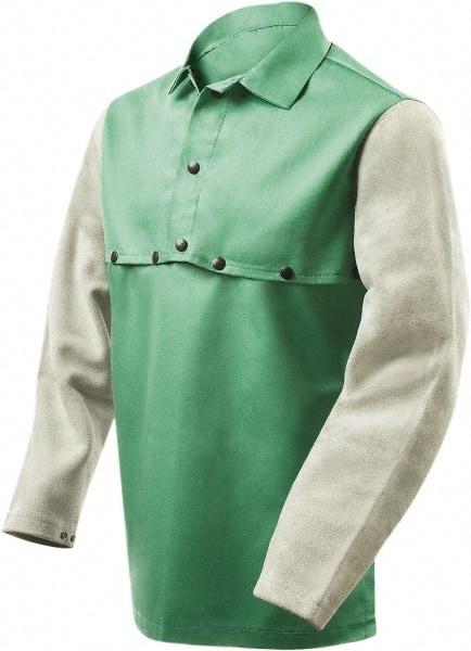Steiner - Size 4XL, 19" Long, Flame Resistant, Cape Sleeves & Bib - Cotton & Leather, 9 oz, Green & Gray - USA Tool & Supply