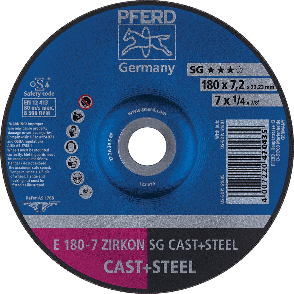 PFERD - Depressed-Center Wheels; Hole Size (Inch): 7/8 ; Connector Type: Arbor ; Wheel Type Number: Type 27 ; Abrasive Material: Aluminum Oxide; Zirconia Alumina ; Maximum RPM: 8500.000 ; Bond Type: Resinoid - Exact Industrial Supply