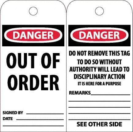 NMC - 6" High x 3" Long, DANGER - OUT OF ORDER, English Safety & Facility Accident Prevention Tag - Tag Header: Danger, 2 Sides, White Poly - USA Tool & Supply