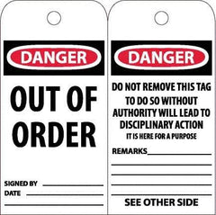 NMC - 6" High x 3" Long, DANGER - OUT OF ORDER, English Safety & Facility Accident Prevention Tag - Tag Header: Danger, 2 Sides, White Poly - USA Tool & Supply