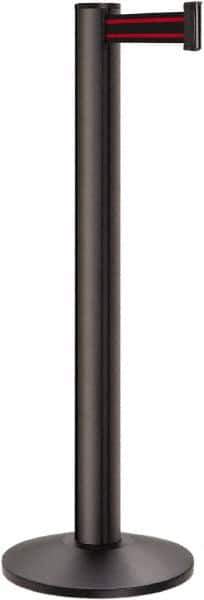 Lavi Industries - 40" High, 2-3/4" Pole Diam, Stanchion - 14" Base Diam, Dome Cast Iron Base, Black Aluminum Post, 13' x 2" Tape, Single Line Tape - USA Tool & Supply